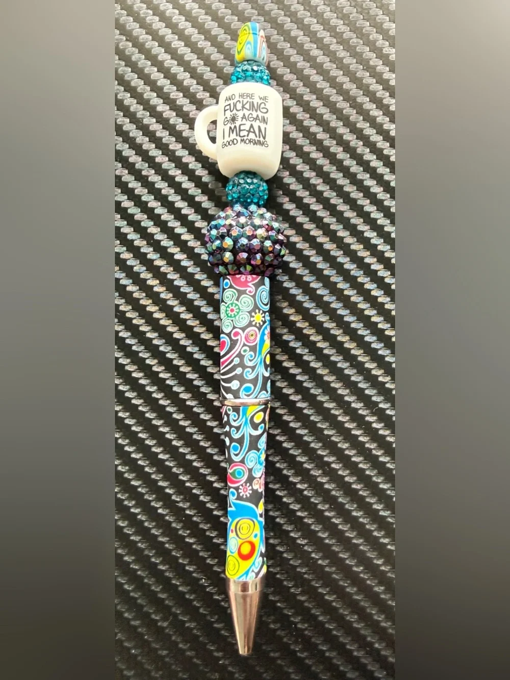 Handmade Colorful Swirl Pattern Beaded Pen with “Good Morning” Mug Topper